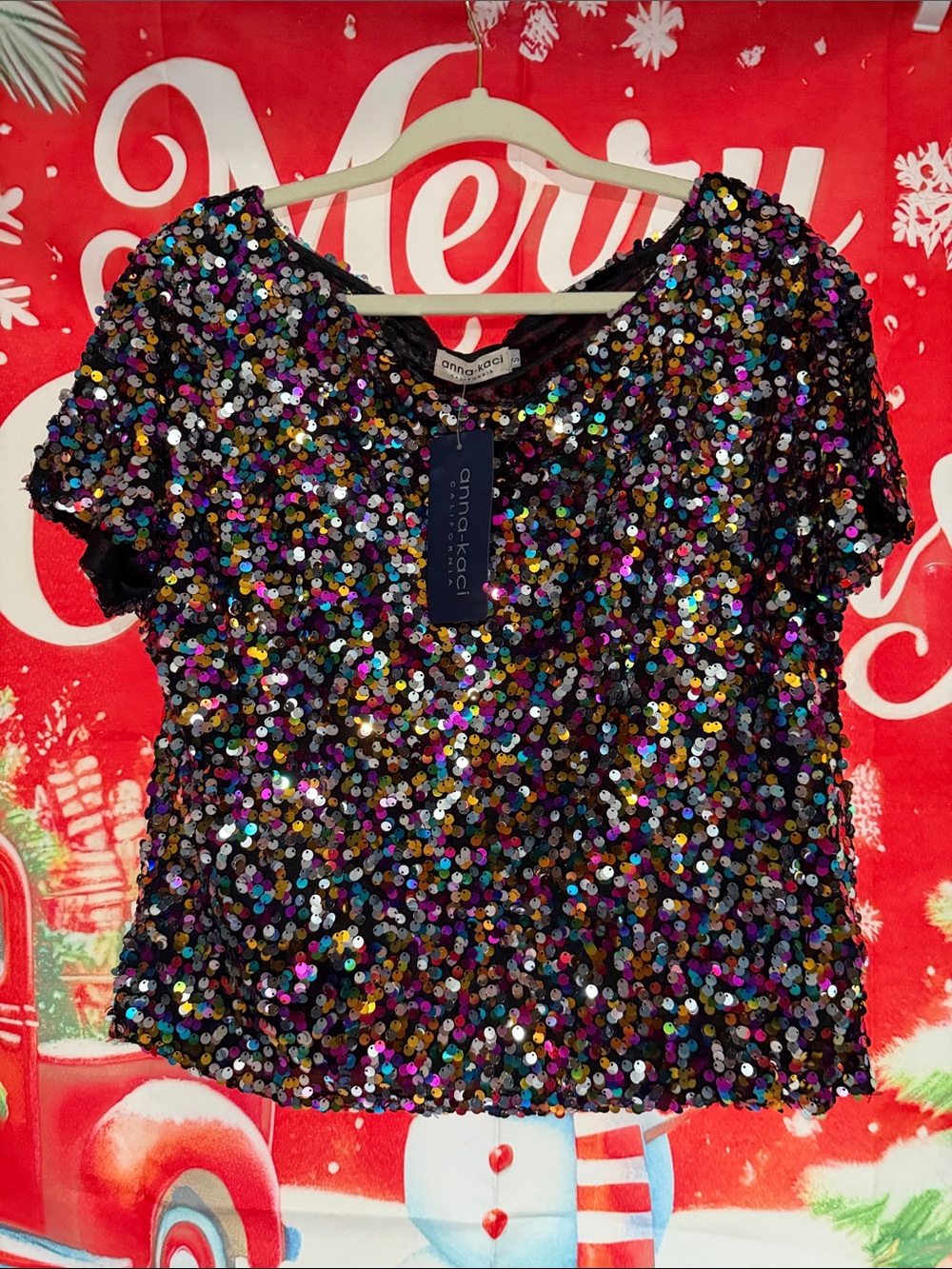 Anna-Kaci Black Multicolor Sequin Short Sleeve Top